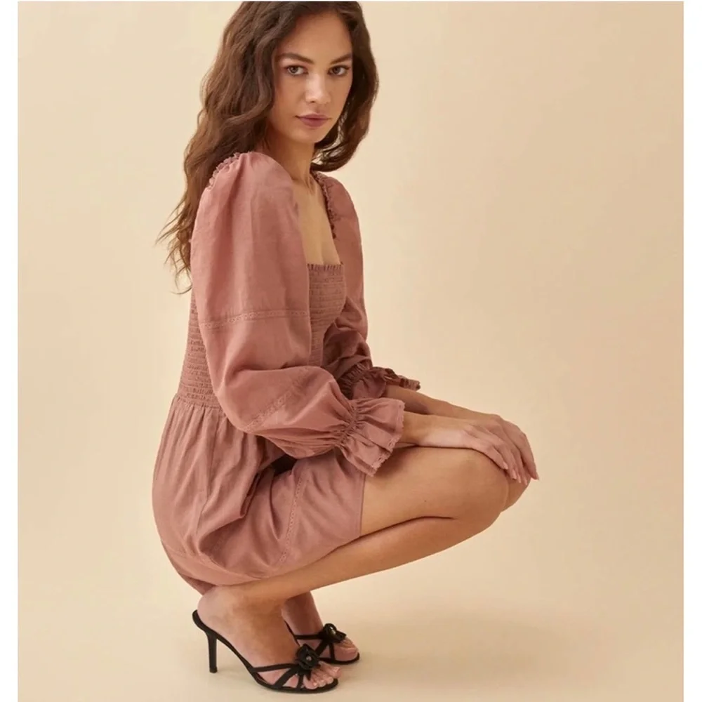 NEW Reformation Dunes Puff Sleeve Dress in Praline - Picture 2 of 8